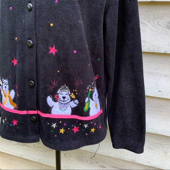 Vintage Black Fleece Polar Bear Appliqué Long Sleeve Button Up Cardigan Sweater - Picture 10 of 16